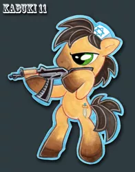 Size: 628x800 | Tagged: safe, artist:kabukihomewood, derpibooru import, oc, oc:rabbi, unofficial characters only, earth pony, pony, ak-47, aks-74u, assault rifle, badge, bipedal, con badge, gray background, gun, hoof hold, israel, jew, judaism, male, mossad, rifle, simple background, smiling, solo, stallion, star of david, weapon