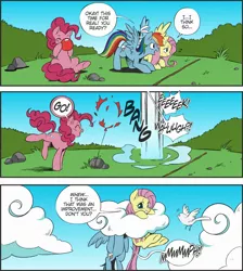Size: 1326x1477 | Tagged: safe, artist:nekoshiei, color edit, derpibooru import, edit, editor:anonycat, seven seas, fluttershy, pinkie pie, rainbow dash, bird, earth pony, pegasus, pony, my little pony: the manga, my little pony: the manga volume 2, spoiler:manga, spoiler:manga2, balloon, balloon popping, blowing up balloons, cloud, colored, cropped, female, mare, mean, pin, popping, rock, scared, trio