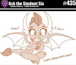 Size: 800x691 | Tagged: artist:sintakhra, cute, derpibooru import, descriptive noise, dragon, dragoness, eating, fangs, female, gem, heart eyes, nom, onomatopoeia, safe, smolder, smolderbetes, solo, spread wings, tumblr:studentsix, wingding eyes, wings