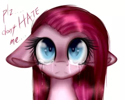 Size: 2500x2000 | Tagged: safe, artist:snowbunny0820, derpibooru import, pinkie pie, earth pony, pony, bust, crying, eyelashes, female, floppy ears, frown, looking up, mare, pinkamena diane pie, sad, simple background, solo, talking, white background