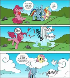 Size: 1326x1477 | Tagged: safe, artist:nekoshiei, derpibooru import, edit, edited edit, editor:anonycat, seven seas, fluttershy, pinkie pie, rainbow dash, bird, earth pony, pegasus, my little pony: the manga, ambiguous penetration, balloon, balloon popping, blowing up balloons, blushing, cloud, colored, comic, cropped, dialogue, female, head up butt, mare, mean, penetration, pin, popping, rock, scared