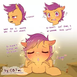 Size: 1200x1200 | Tagged: suggestive, artist:cold-blooded-twilight, derpibooru import, scootaloo, pegasus, pony, adorasexy, blank flank, blushing, blushing ears, classroom, close-up, comic, crying, cute, desk, dialogue, eyes closed, facing you, female, filly, floppy ears, implied foalcon, implied kissing, kiss on the lips, kissing, leaning forward, puckered lips, sexy, solo, sparkles, surprised, sweat, tears of joy, tsundere