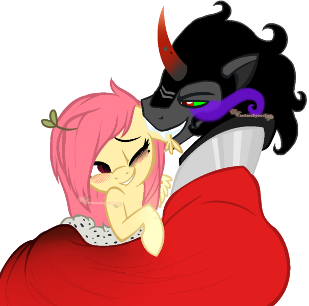 Size: 1000x990 | Tagged: safe, artist:skulifuck, derpibooru import, king sombra, oc, oc:shy sprout, pegasus, pony, unicorn, base used, canon x oc, cloak, clothes, curved horn, ear fluff, fangs, female, horn, makeup, male, mare, one eye closed, pegasus oc, red eyes, simple background, snuggling, sombra eyes, stallion, transparent background, wings, wink