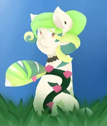 Size: 1162x1373 | Tagged: safe, artist:pandy101, derpibooru import, oc, unofficial characters only, monster pony, original species, piranha plant pony, plant pony, augmented tail, ear piercing, fangs, female, grass, jewelry, necklace, pearl necklace, piercing, plant, sitting, tongue out