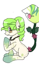 Size: 540x884 | Tagged: safe, artist:physcoponiezrule, derpibooru import, oc, unofficial characters only, monster pony, original species, piranha plant pony, plant pony, :p, augmented tail, ear piercing, fangs, female, flower, jewelry, necklace, pearl necklace, piercing, plant, rose, simple background, sitting, socks (coat marking), tongue out, white background