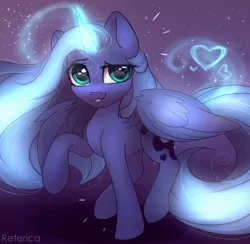 Size: 2100x2047 | Tagged: safe, artist:reterica, derpibooru import, princess luna, alicorn, pony, dreamworks face, female, glowing horn, heart, heart eyes, horn, looking at you, magic, mare, one hoof raised, raised hoof, s1 luna, smiling, solo, wingding eyes