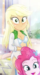 Size: 474x886 | Tagged: suggestive, artist:charliexe, derpibooru import, applejack, pinkie pie, equestria girls, bed, bedroom, blushing, bra, breasts, busty applejack, cleavage, clothes, cute, diapinkes, female, looking at you, open clothes, open mouth, open shirt, panties, photobomb, sexy, solo, solo female, stupid sexy applejack, underwear, undressing, window