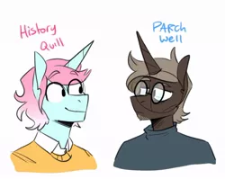 Size: 1034x821 | Tagged: safe, artist:redxbacon, derpibooru import, oc, oc:history quill, oc:parch well, unofficial characters only, anthro, unicorn, rule 63