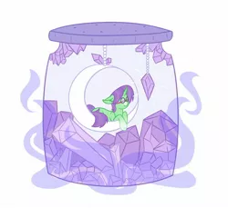 Size: 2048x1879 | Tagged: artist needed, safe, derpibooru import, oc, oc:crescent star, unofficial characters only, crystal pony, unicorn, blushing, crystal, crystal unicorn, glasses, jar, lying down, mini biome, moon, pony in a bottle