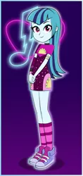 Size: 2613x5536 | Tagged: safe, artist:diilaycc, derpibooru import, sonata dusk, equestria girls, equestria girls series, find the magic, spoiler:eqg series (season 2), alternate hairstyle, armlet, clothes, converse, cutie mark background, dress, female, food, long hair, minidress, music notes, shoes, sneakers, socks, solo, taco dress