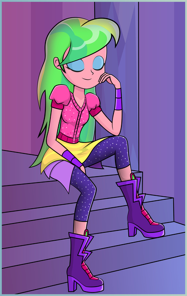 Size: 3040x4819 | Tagged: safe, artist:diilaycc, derpibooru import, lemon zest, human, dance magic, equestria girls, spoiler:eqg specials, boots, clothes, eyes closed, female, high heel boots, shadowbolts, shoes, smiling, solo, stairs