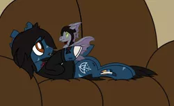 Size: 1484x906 | Tagged: safe, artist:notadeliciouspotato, derpibooru import, ponified, ponified:oliver sykes, earth pony, pony, siren, undead, zombie, zombie pony, bone, bring me the horizon, clothes, colored pupils, couch, fangs, frown, hoof hold, lip piercing, long sleeves, male, on back, piercing, plushie, scar, shirt, solo, stallion, stitches, tattoo, torn ear