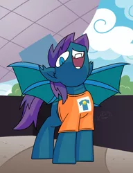 Size: 3000x3900 | Tagged: safe, artist:coaldustthestrange, derpibooru import, oc, oc:stardust, bat pony, bat pony oc, bat wings, be a buddy not a bully shirt shirt, clothes, epcot, nose in the air, shirt, wings