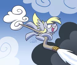 Size: 3000x2517 | Tagged: safe, artist:coaldustthestrange, derpibooru import, derpy hooves, pegasus, pony, cloud, female, fire hose, flying, implied fire, mare, no pupils, open mouth, sky, smoke, solo