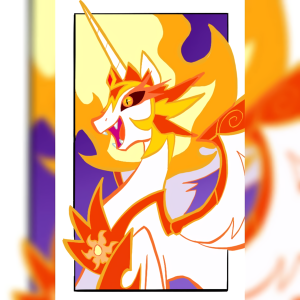 Size: 1080x1080 | Tagged: safe, alternate version, artist:unknownspy, derpibooru import, daybreaker, alicorn, pony, fangs, female, hoof shoes, jewelry, mane of fire, mare, open mouth, peytral, raised hoof, smiling, tiara, zoom layer