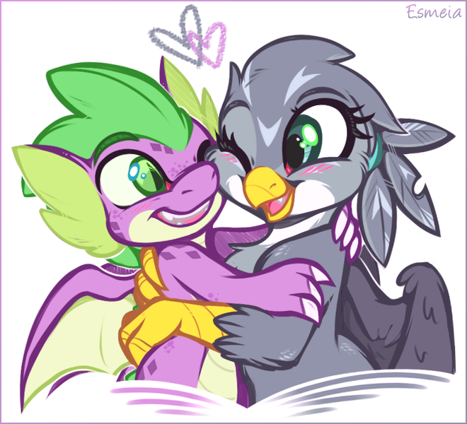 Size: 669x608 | Tagged: safe, artist:esmeia, derpibooru import, gabby, spike, dragon, gryphon, blushing, cute, female, gabbybetes, heart, hug, interspecies, male, one eye closed, shipping, smiling, spabby, spikabetes, straight, winged spike, wink