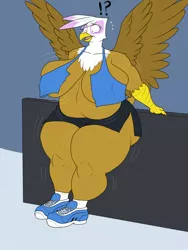 Size: 960x1280 | Tagged: suggestive, alternate version, artist:lurking tyger, derpibooru import, gilda, anthro, gryphon, big breasts, breasts, busty gilda, chubby, clothes, commission, digital art, expansion, fat, fat fetish, female, fetish, gildough, huge breasts, obese, shocked, shoes, solo, solo female, tail, torn clothes, weight gain, wings