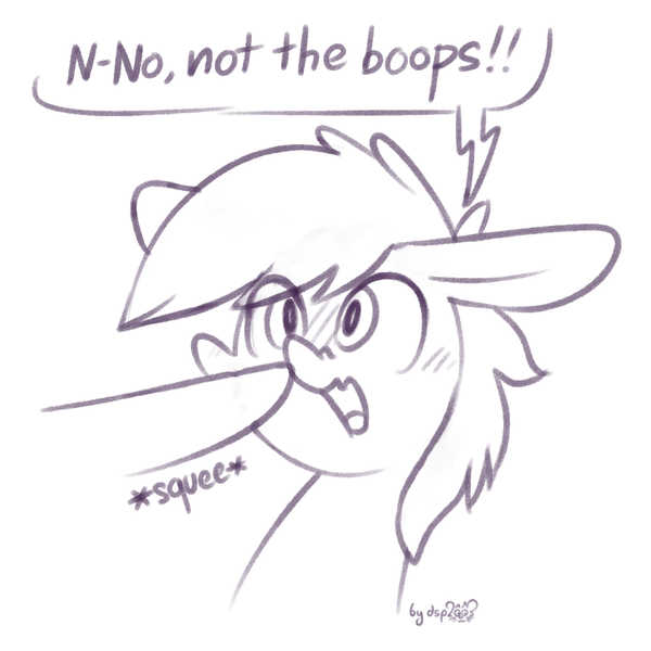 Size: 1024x1024 | Tagged: safe, artist:dsp2003, derpibooru import, oc, oc:chillycube, pony, bipedal, blushing, boop, bust, chibi, comic, floppy ears, male, monochrome, non-consensual booping, open mouth, portrait, scrunchy face, signature, simple background, single panel, sketch, squee, startled, white background