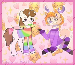 Size: 1080x939 | Tagged: safe, artist:nastyafox___, derpibooru import, oc, unofficial characters only, deer, unicorn, bow, clothes, duo, emoji, eyelashes, glasses, heart, horn, mouth hold, sitting, socks, striped socks, tail bow, unicorn oc