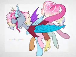 Size: 2048x1536 | Tagged: safe, artist:incendiaryboobs, derpibooru import, discord, pinkie pie, rainbow dash, draconequus, eyes closed, fusion, multiple wings, open mouth, six legs, solo, tongue out, wings