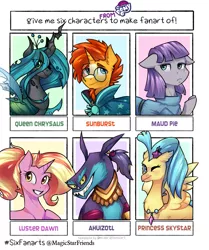 Size: 1005x1200 | Tagged: safe, artist:magicstarfriends, derpibooru import, ahuizotl, boulder (pet), luster dawn, maud pie, princess skystar, queen chrysalis, sunburst, changeling, changeling queen, classical hippogriff, earth pony, hippogriff, pony, unicorn, six fanarts, my little pony: the movie, bust, clothes, female, glasses, grin, jewelry, male, mare, necklace, one eye closed, raised hoof, smiling, stallion, wink