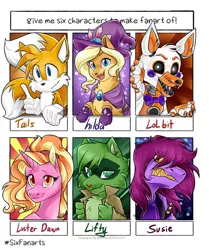 Size: 1080x1290 | Tagged: safe, artist:sapphirescarletta, derpibooru import, luster dawn, cat, fox, pony, unicorn, six fanarts, animatronic, anthro with ponies, bust, castle cats, crossover, deltarune, female, five nights at freddy's, happy tree friends, hat, hilda, lifty, lolbit, mare, miles "tails" prower, milestone, smiling, sonic the hedgehog (series), susie (deltarune)