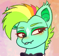 Size: 1196x1128 | Tagged: safe, artist:klooda, derpibooru import, oc, oc:kokomo, unofficial characters only, bat pony, animated, blushing, bowtie, bust, commission, cute, cute little fangs, fangs, frame by frame, gif, one eye closed, open mouth, portrait, simple background, smiling, solo, wink, winking at you, ych result