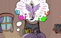 Size: 938x586 | Tagged: alicorn, artist:brutamod, ass brutalewd, book, butt, butt only, cropped, crown, delusion, derpibooru import, expectation vs reality, eyes closed, eyes do not belong there, imagine spot, implied transformation, jewelry, not salmon, regalia, suggestive, thought bubble, throne, twibutt, twilight sparkle, twilight sparkle (alicorn), wat, window