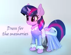 Size: 1725x1331 | Tagged: safe, artist:xbi, derpibooru import, twilight sparkle, twilight sparkle (alicorn), alicorn, pony, a-dressing memories, spoiler:a-dressing memories, clothes, cute, dress, female, folded wings, gradient background, mare, signature, smiling, solo, text, twiabetes, wings