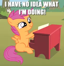 Size: 400x410 | Tagged: safe, derpibooru import, edit, edited screencap, screencap, scootaloo, pegasus, pony, the show stoppers, caption, cropped, female, filly, i have no idea what i'm doing, image macro, musical instrument, piano, scrunchy face, solo, text