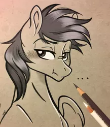 Size: 2564x2954 | Tagged: artist:emberslament, blushing, colored pencil drawing, colored pencils, commission, derpibooru import, grumpy, male, monochrome, oc, oc:stargazer silver, pegasus, photo, safe, simple background, stallion, traditional art, unofficial characters only, ych result