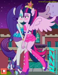 Size: 2800x3600 | Tagged: suggestive, artist:uzzi-ponydubberx, derpibooru import, rarity, twilight sparkle, twilight sparkle (alicorn), alicorn, equestria girls, asymmetrical docking, bare shoulders, bedroom eyes, big crown thingy, blushing, boots, breasts, busty twilight sparkle, cleavage, clothes, commission, dress, element of magic, fall formal outfits, female, high heels, holding hands, jewelry, kissing, lesbian, looking at each other, ponied up, pony ears, rarilight, regalia, shipping, shoes, show accurate, sleeveless, strapless, symmetrical docking, tiara, wings