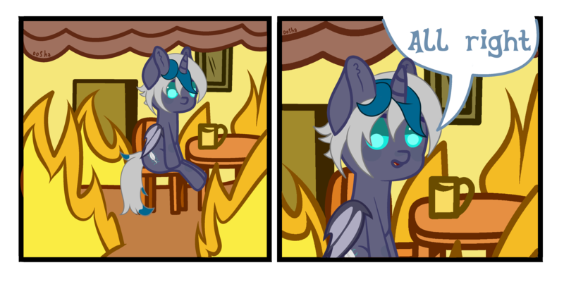 Size: 4000x2000 | Tagged: safe, alternate version, artist:zarioly, derpibooru import, oc, oc:elizabat stormfeather, unofficial characters only, alicorn, bat pony, bat pony alicorn, pony, 2 panel comic, alicorn oc, bat pony oc, bat wings, chair, comic, commission, female, fire, horn, mare, meme, mug, open mouth, ponified meme, sitting, smoke, solo, table, this is fine, wings, ych result