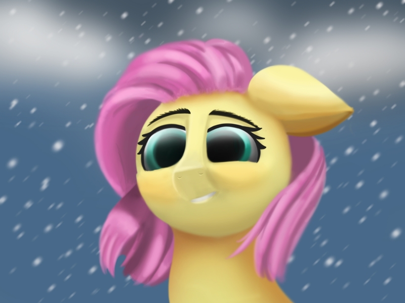 Size: 1920x1440 | Tagged: artist:meodaiduoi, awkward, cloud, cloudy, derpibooru import, fluttershy, looking at you, safe, smiling, snow, snowfall