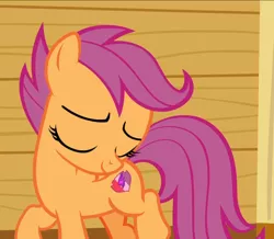 Size: 1078x938 | Tagged: safe, derpibooru import, screencap, scootaloo, pegasus, pony, on your marks, clubhouse, cropped, crusaders clubhouse, cute, cutealoo, eyes closed, female, filly, smiling, solo