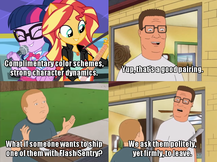 Size: 700x525 | Tagged: safe, derpibooru import, edit, edited screencap, screencap, sci-twi, sunset shimmer, twilight sparkle, eqg summertime shorts, equestria girls, get the show on the road, bobby hill, bowtie, bus, caption, clothes, comic, cute, electric guitar, eyes closed, female, flying v, geode of empathy, geode of telekinesis, get out, glasses, guitar, hank hill, image macro, implied flash sentry, implied flashimmer, implied flashlight, implied shipping, implied straight, jacket, king of the hill, leather jacket, lesbian, magical geodes, microphone, musical instrument, ponied up, scitwilicorn, scitwishimmer, screencap comic, shimmerbetes, shipping, shipping war, singing, sunset shredder, sunsetsparkle, text, twiabetes, wings
