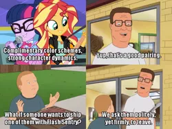 Size: 700x525 | Tagged: safe, derpibooru import, edit, edited screencap, screencap, sci-twi, sunset shimmer, twilight sparkle, eqg summertime shorts, equestria girls, get the show on the road, bobby hill, bowtie, bus, caption, clothes, comic, cute, electric guitar, eyes closed, female, flying v, geode of empathy, geode of telekinesis, get out, glasses, guitar, hank hill, image macro, implied flash sentry, implied flashimmer, implied flashlight, implied shipping, implied straight, jacket, king of the hill, leather jacket, lesbian, magical geodes, microphone, musical instrument, ponied up, scitwilicorn, scitwishimmer, screencap comic, shimmerbetes, shipping, shipping war, singing, sunset shredder, sunsetsparkle, text, twiabetes, wings