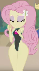Size: 1320x2382 | Tagged: suggestive, artist:gabosor, derpibooru import, edit, edited edit, edited screencap, screencap, fluttershy, equestria girls, beach, breasts, clothes, cropped, eyes closed, female, fluttershy's one-piece swimsuit, image, one-piece swimsuit, png, solo, solo female, swimsuit, thighs, thunder thighs, wide hips