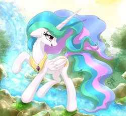 Size: 3240x3000 | Tagged: safe, artist:joakaha, derpibooru import, princess celestia, alicorn, pony, barehoof, beautiful, ethereal mane, ethereal tail, female, floppy ears, flowing mane, flowing tail, folded wings, forest, hair over one eye, happy, high res, jewelry, lidded eyes, looking back, mare, missing accessory, multicolored mane, open mouth, peytral, profile, raised hoof, raised leg, regalia, river, solo, stream, sun, water, waterfall, wings