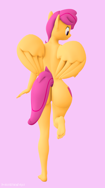 Size: 1080x1920 | Tagged: 3d, alternate version, anthro, artist:ponkssfmworks, ass, butt, cutie mark, derpibooru import, feet, female, huge butt, large butt, looking at butt, nudity, pegasus, plantigrade anthro, questionable, scootaloo, solo, source filmmaker, wide hips, wings