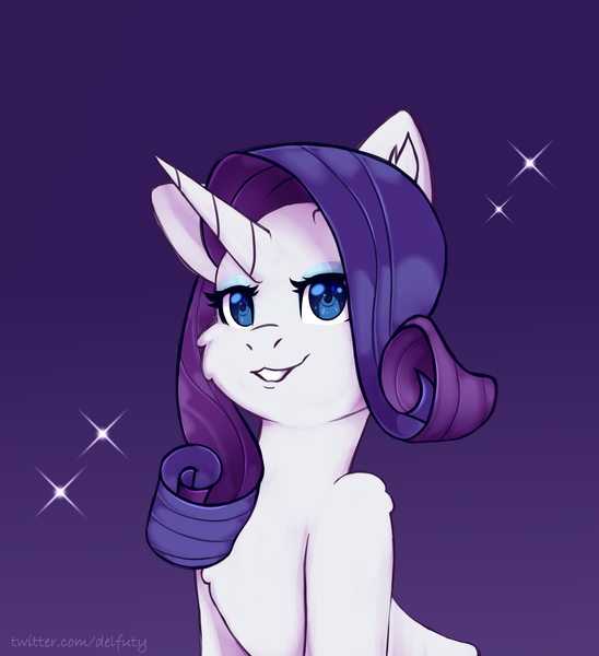 Size: 1890x2070 | Tagged: safe, artist:pandoraqueens, derpibooru import, rarity, pony, unicorn, cheek fluff, chest fluff, cute, ear fluff, female, looking at you, mare, purple background, raribetes, shoulder fluff, simple background, smiling, solo