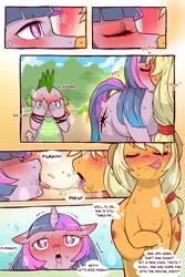 Size: 960x1440 | Tagged: suggestive, artist:cold-blooded-twilight, derpibooru import, applejack, big macintosh, pinkie pie, spike, twilight sparkle, cold blooded twilight, comic:cold storm, applejack's hat, blushing, both cutie marks, comic, covering eyes, cowboy hat, dialogue, drool, drool string, droopy ears, embarrassed, eyes closed, female, forest, french kiss, glowing eyes, hat, kissing, lesbian, licking, licking lips, moaning, moaning in pleasure, open mouth, peeking, raised hoof, raised tail, salivating, shipping, shivering, speech bubble, tail, thought bubble, tongue out, twijack