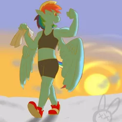 Size: 500x500 | Tagged: anthro, artist:bunny-bruises, belly button, cloud, derpibooru import, flex, muscles, one eye closed, pegasus, plantigrade anthro, rainbow dash, safe, smiling, solo, sun, towel, wink