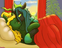 Size: 3500x2734 | Tagged: safe, artist:galacticham, derpibooru import, queen chrysalis, oc, oc:prince ecosis, alicorn, changeling, alicorn oc, bed, canon x oc, ecolys, horn, hug, licking, morning, on bed, tongue out, ultimate chrysalis, wings