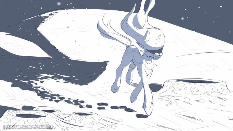 Size: 1600x901 | Tagged: safe, artist:icychamber, derpibooru import, nightmare moon, princess luna, alicorn, pony, banishment, crying, female, mare, monochrome, moon, running, shadow, signature, solo, space