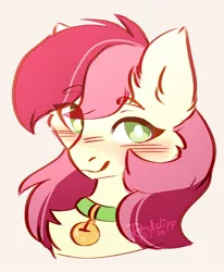 Size: 1122x1362 | Tagged: safe, artist:redslipp, derpibooru import, roseluck, pony, bell, bell collar, bust, cat bell, collar, cute, fluffy, pony pet, portrait, rosepet