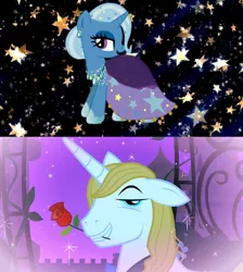 Size: 1280x1428 | Tagged: artist:creativa-artly01, bluetrix, clothes, derpibooru import, dress, edit, edited screencap, female, male, prince blueblood, safe, screencap, shipping, shipping domino, straight, the best night ever, trixie