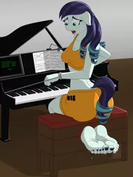 Size: 3000x4000 | Tagged: anthro, artist:tklninja, bondage, breasts, clothes, coloratura, cuffs, derpibooru import, feet, fetish, floppy ears, foot fetish, imminent tickles, musical instrument, open mouth, piano, plantigrade anthro, shackles, shorts, soles, solo, stocks, suggestive, tanktop, toenails