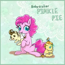 Size: 1000x1000 | Tagged: safe, artist:bunina, derpibooru import, pinkie pie, pound cake, pumpkin cake, earth pony, pegasus, pony, unicorn, baby, baby pony, babysitting, cake twins, cute, diaper, female, foalsitter, foalsitting, mare, mouth hold, siblings, sitting, twins