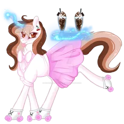 Size: 1920x1920 | Tagged: safe, artist:nightingalewolfie, derpibooru import, oc, oc:milkshake cupcake, unofficial characters only, pony, unicorn, clothes, deviantart watermark, female, magic, mare, obtrusive watermark, roller skates, shirt, simple background, skirt, solo, tongue out, transparent background, watermark